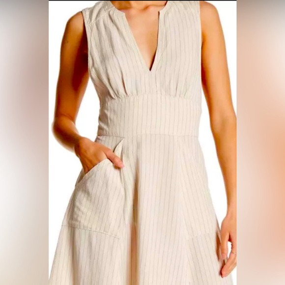 Free People Pretty Daze Linen Blend Ivory Pinstripe Midi Dress - Picture 2 of 10